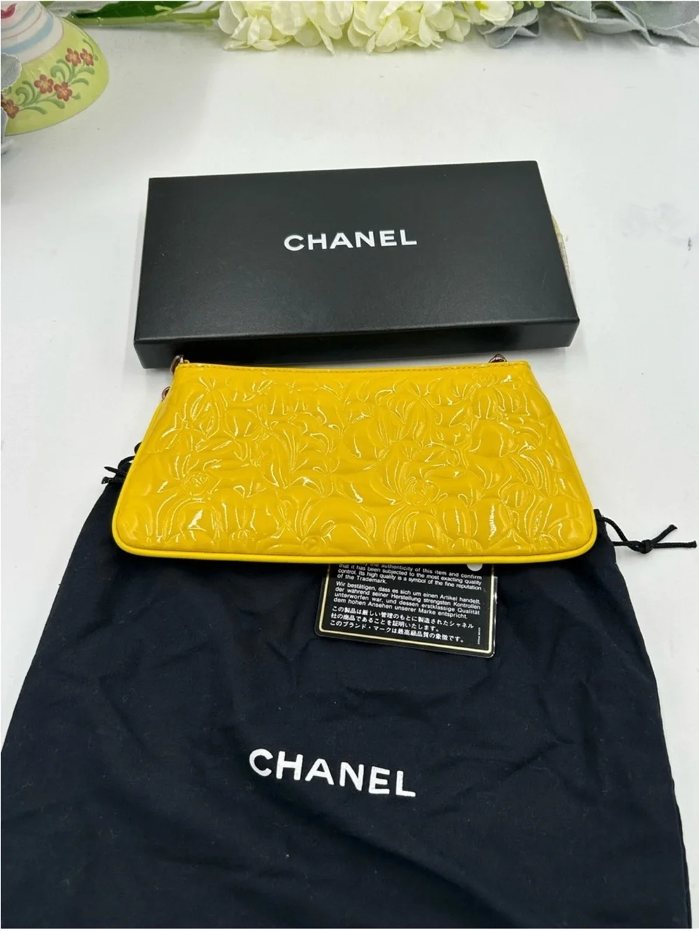 Women’s Chanel, patent leather floral embossed, shoulder bag made in Italy